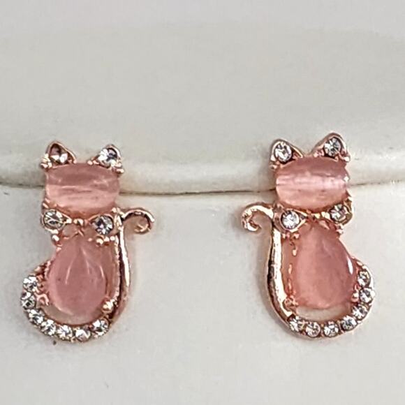 Cat Earrings Pink Faux Opal and Rhinestones Small & Delicate Stud Earrings - Picture 1 of 4
